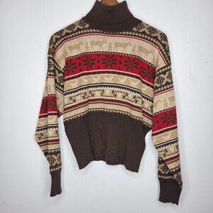 Obermeyer Womens Vintage Fair Isle Moose Duck Sweater Size L Brown Cottage Core